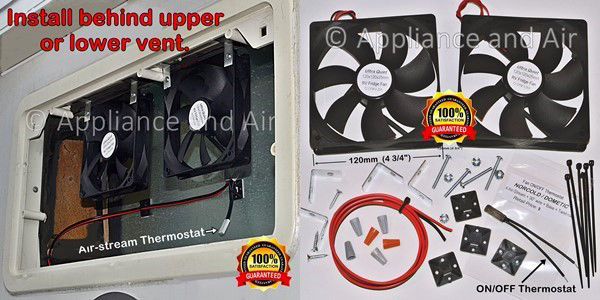 RV refrigerator cooling fans with thermostat and hardware